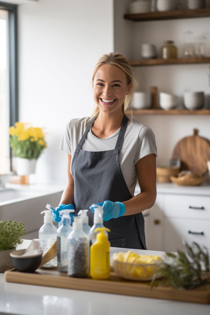Pure Task & Clean Go domestic cleaning products displayed on a shelf, showcasing various cleaning bottles and tools.