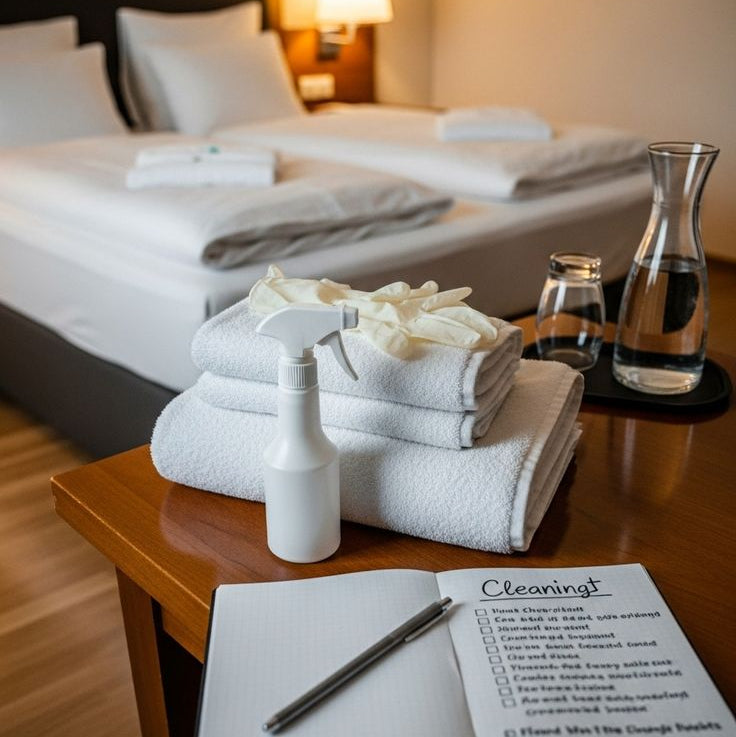 Pure Task & Clean Go cleaning supplies for local accommodations and Airbnb properties on a tidy workspace.