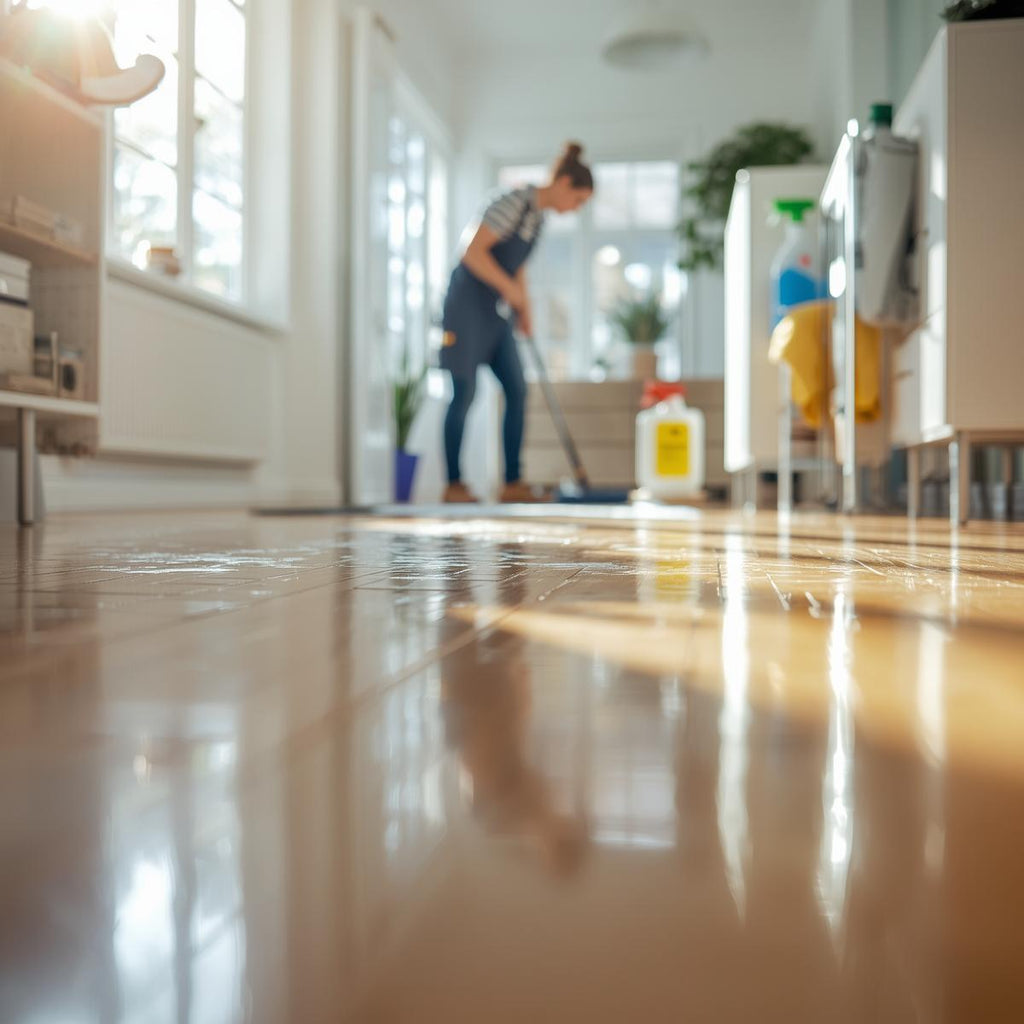 Limpeza profunda em casa com produtos da Pure Task & Clean Go, mostrando ambientes limpos e organizados.